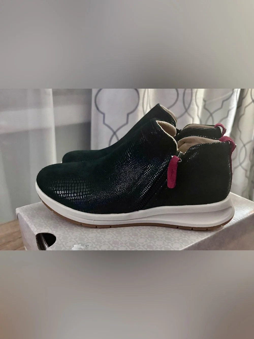 Reverse Black Slip-On Ankle Booties with Pink Pull Tabs